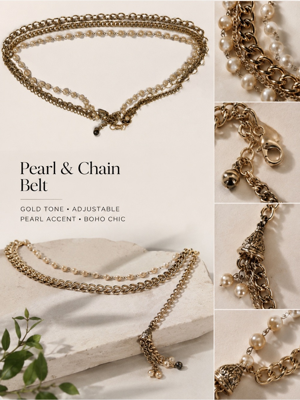 Vintage Gold Pearl Chain Belt Boho 3 Strand Adjustable Waist Belt Coastal Chic